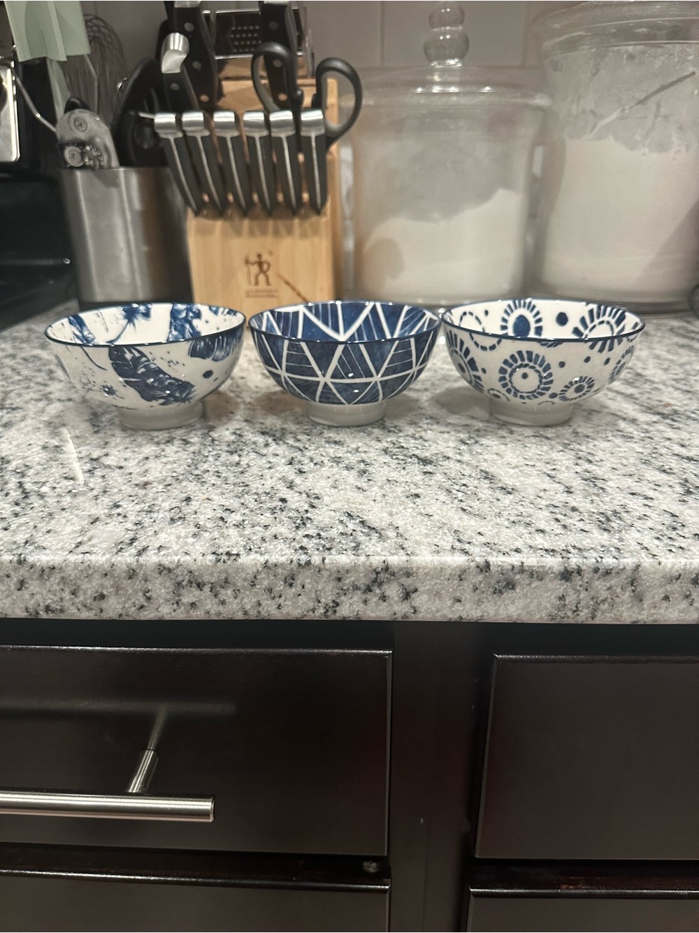 Navy and White Set of 3 Porcelain Bowls